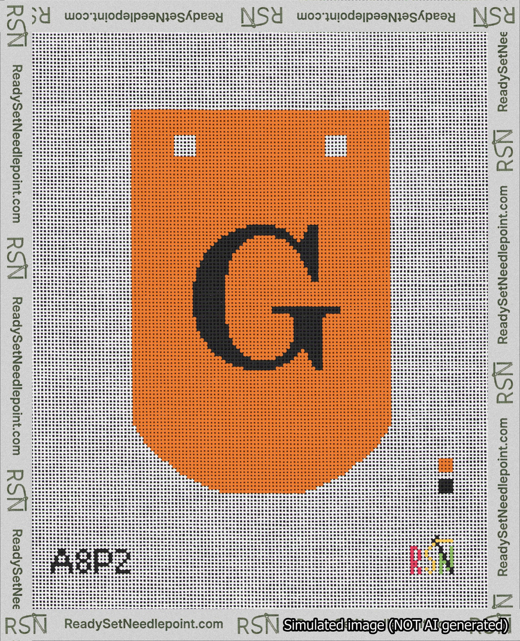 A taped needlepoint canvas with the design: Banner 18 mesh count Curved G Black on Orange.