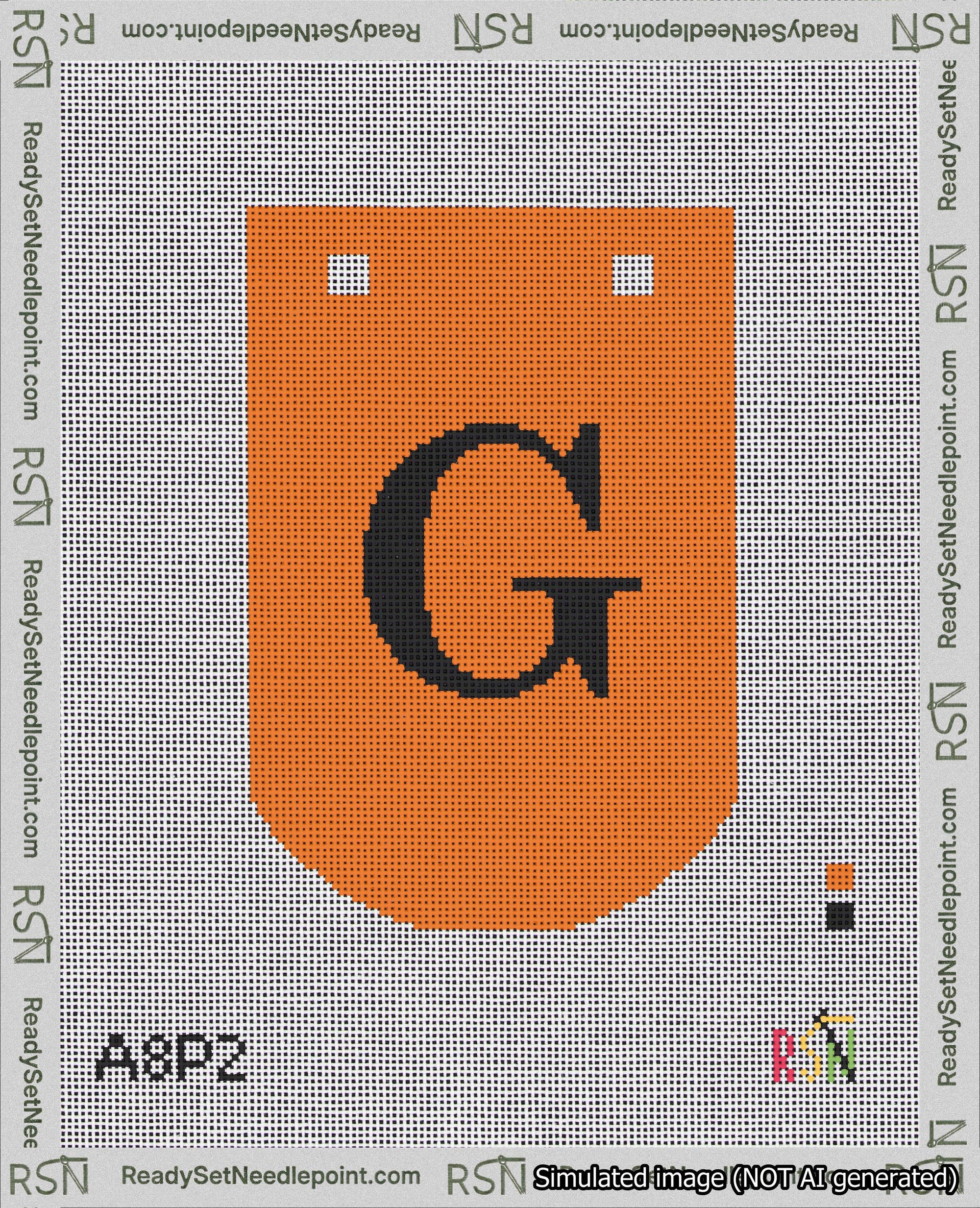 A taped needlepoint canvas with the design: Banner 18 mesh count Curved G Black on Orange.