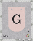 A taped needlepoint canvas with the design: Banner 18 mesh count Curved G Black on Pink.