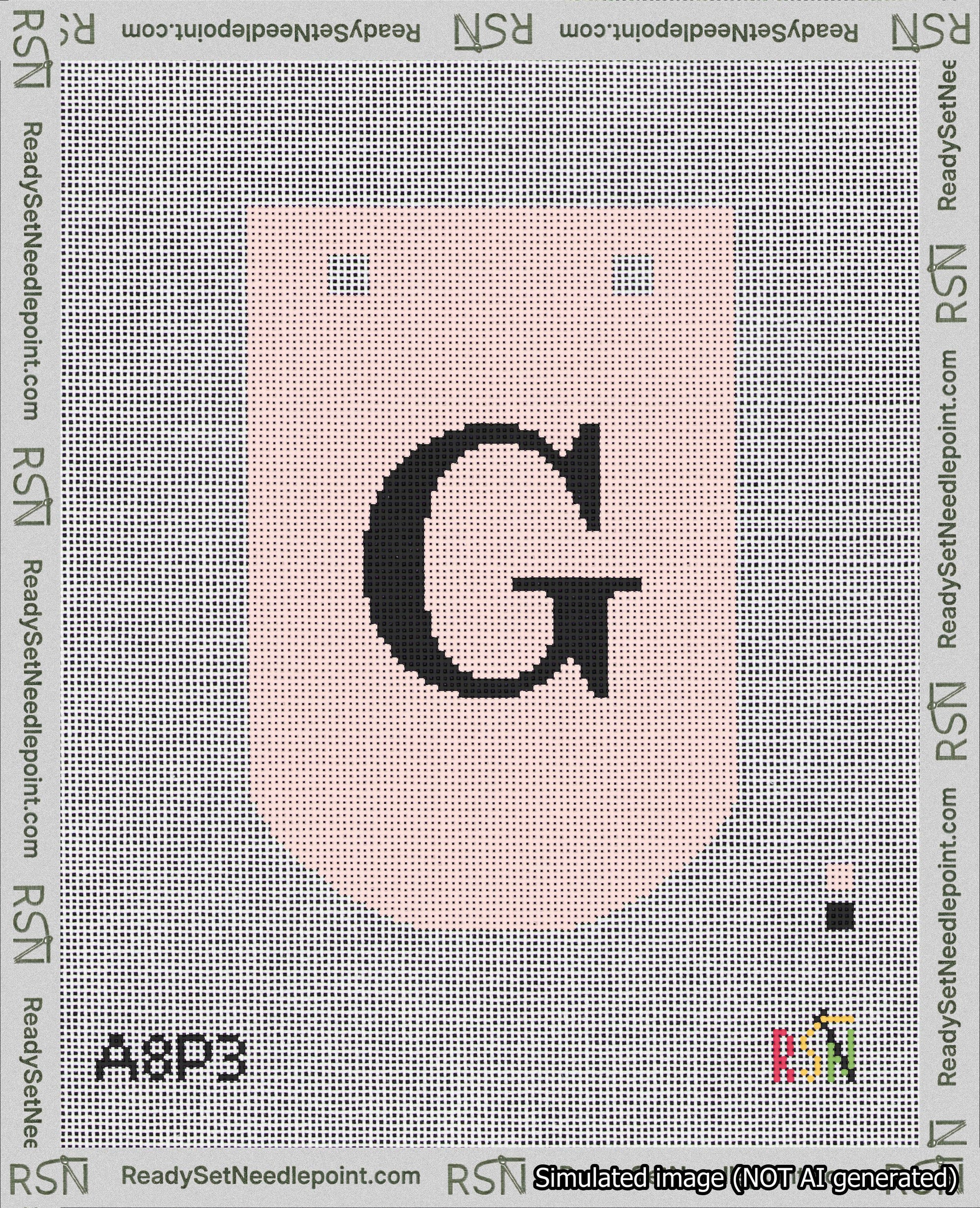 A taped needlepoint canvas with the design: Banner 18 mesh count Curved G Black on Pink.