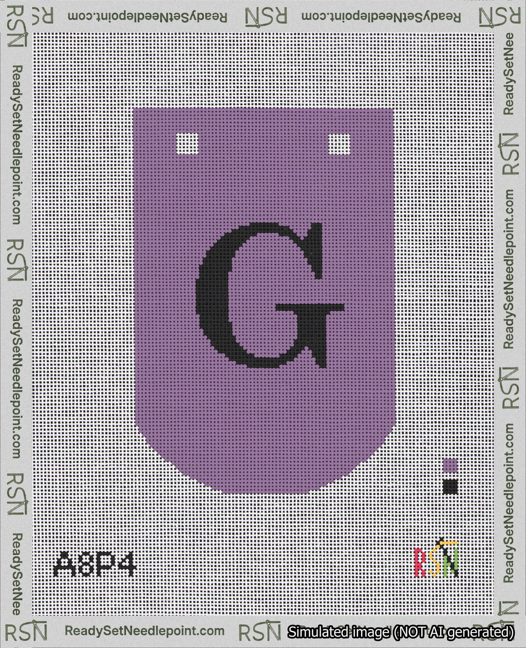 A taped needlepoint canvas with the design: Banner 18 mesh count Curved G Black on Purple.