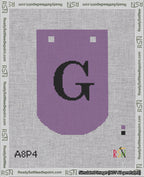 A taped needlepoint canvas with the design: Banner 18 mesh count Curved G Black on Purple.