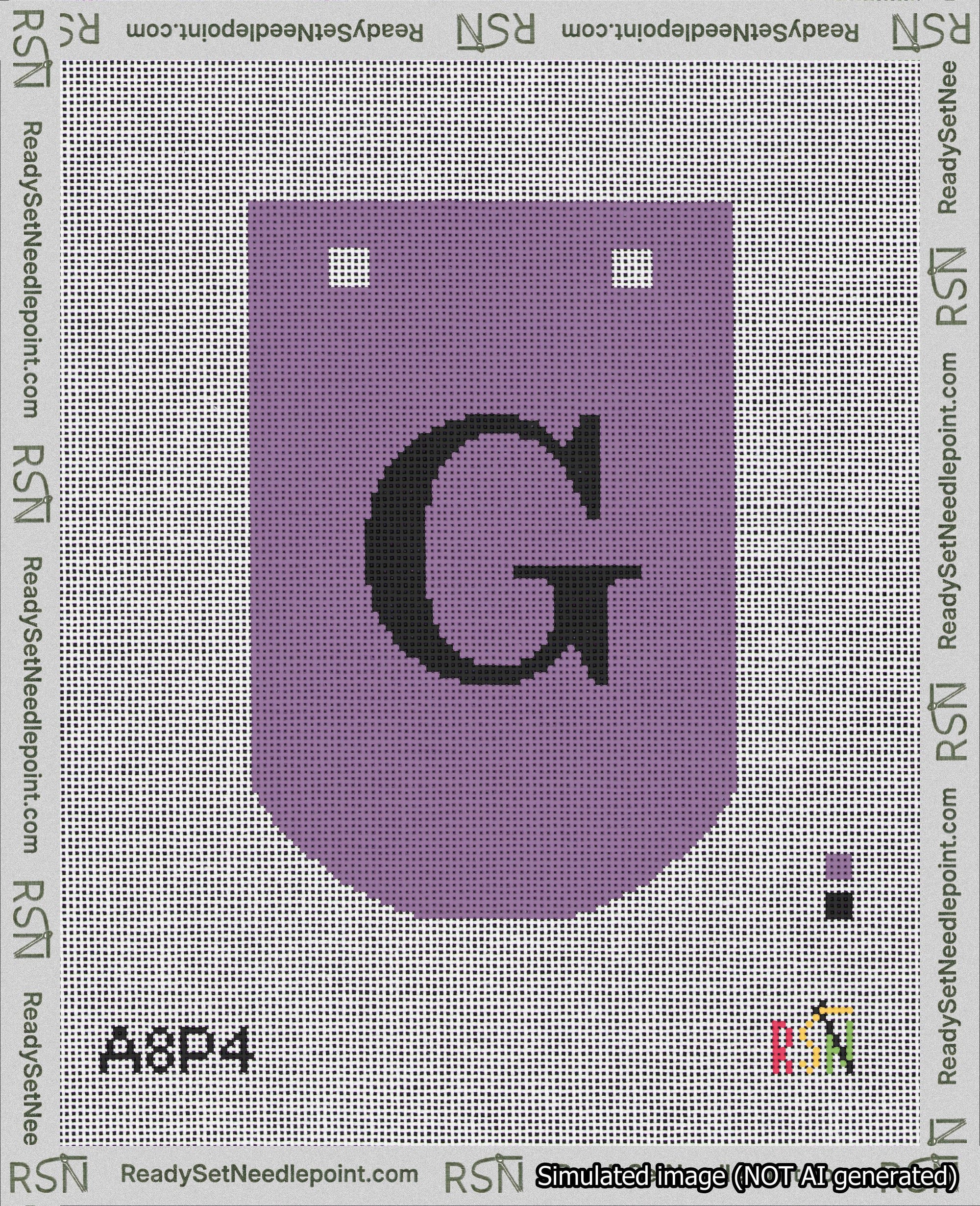 A taped needlepoint canvas with the design: Banner 18 mesh count Curved G Black on Purple.