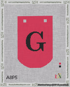 A taped needlepoint canvas with the design: Banner 18 mesh count Curved G Black on Red.