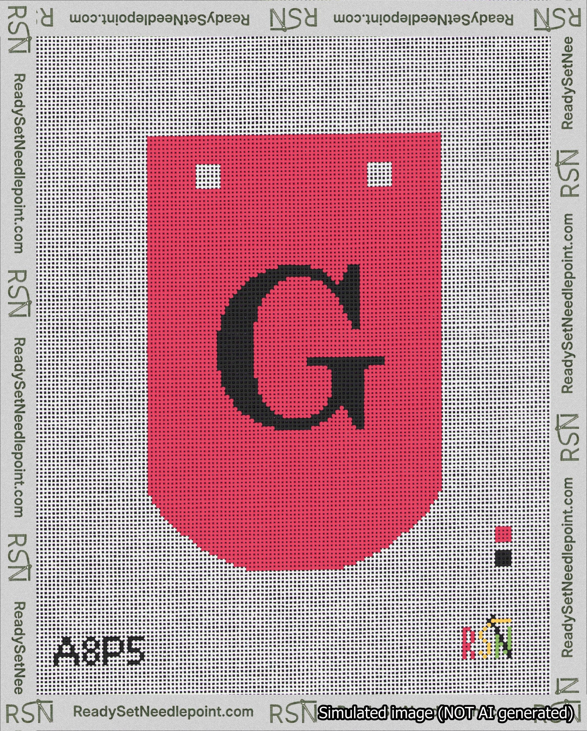 A taped needlepoint canvas with the design: Banner 18 mesh count Curved G Black on Red.