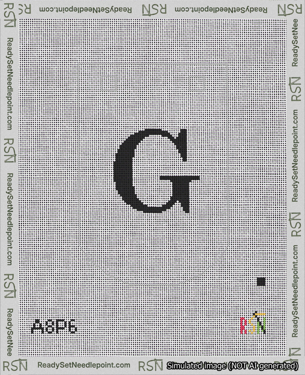 A taped needlepoint canvas with the design: Banner 18 mesh count Curved G Black on White.