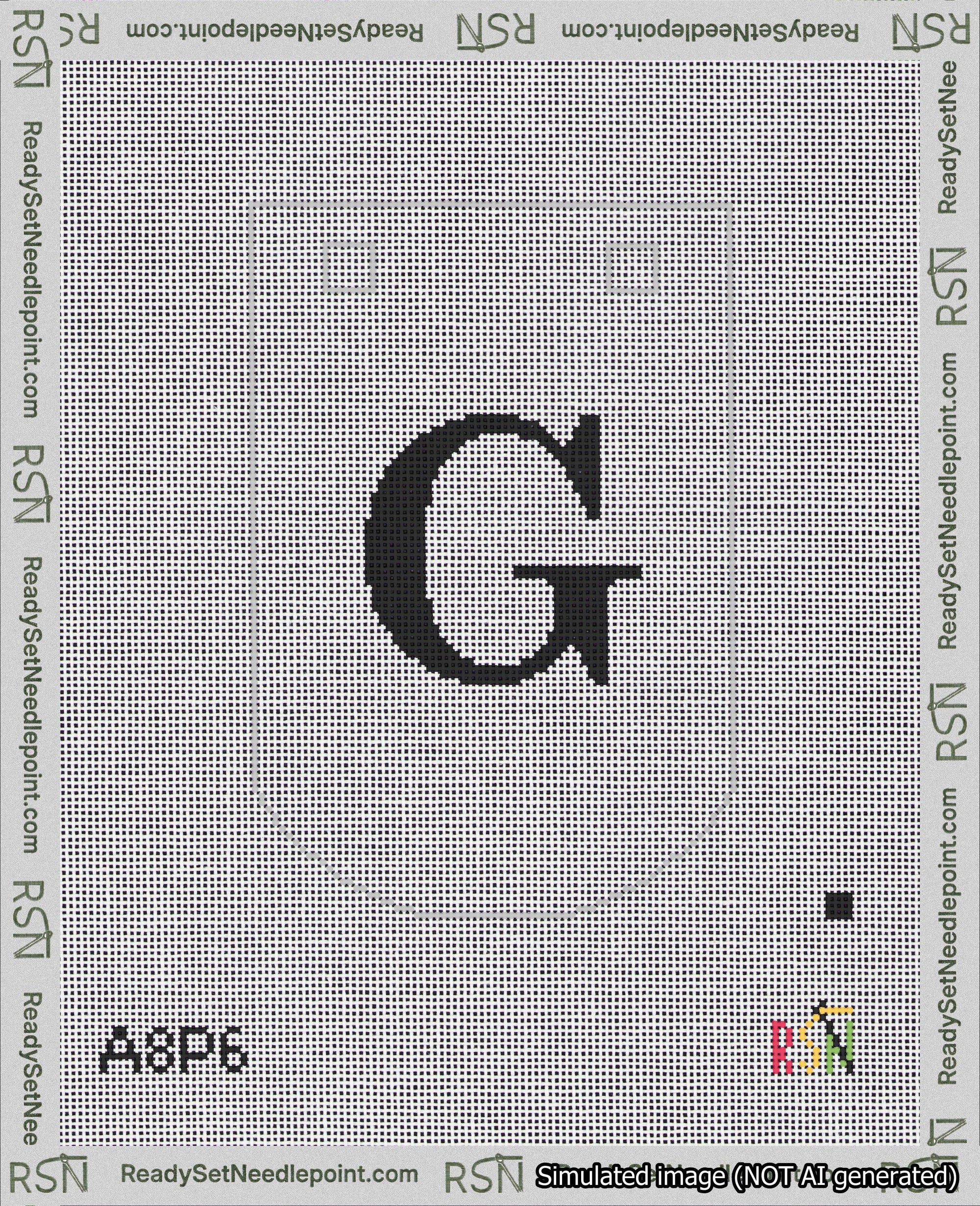 A taped needlepoint canvas with the design: Banner 18 mesh count Curved G Black on White.