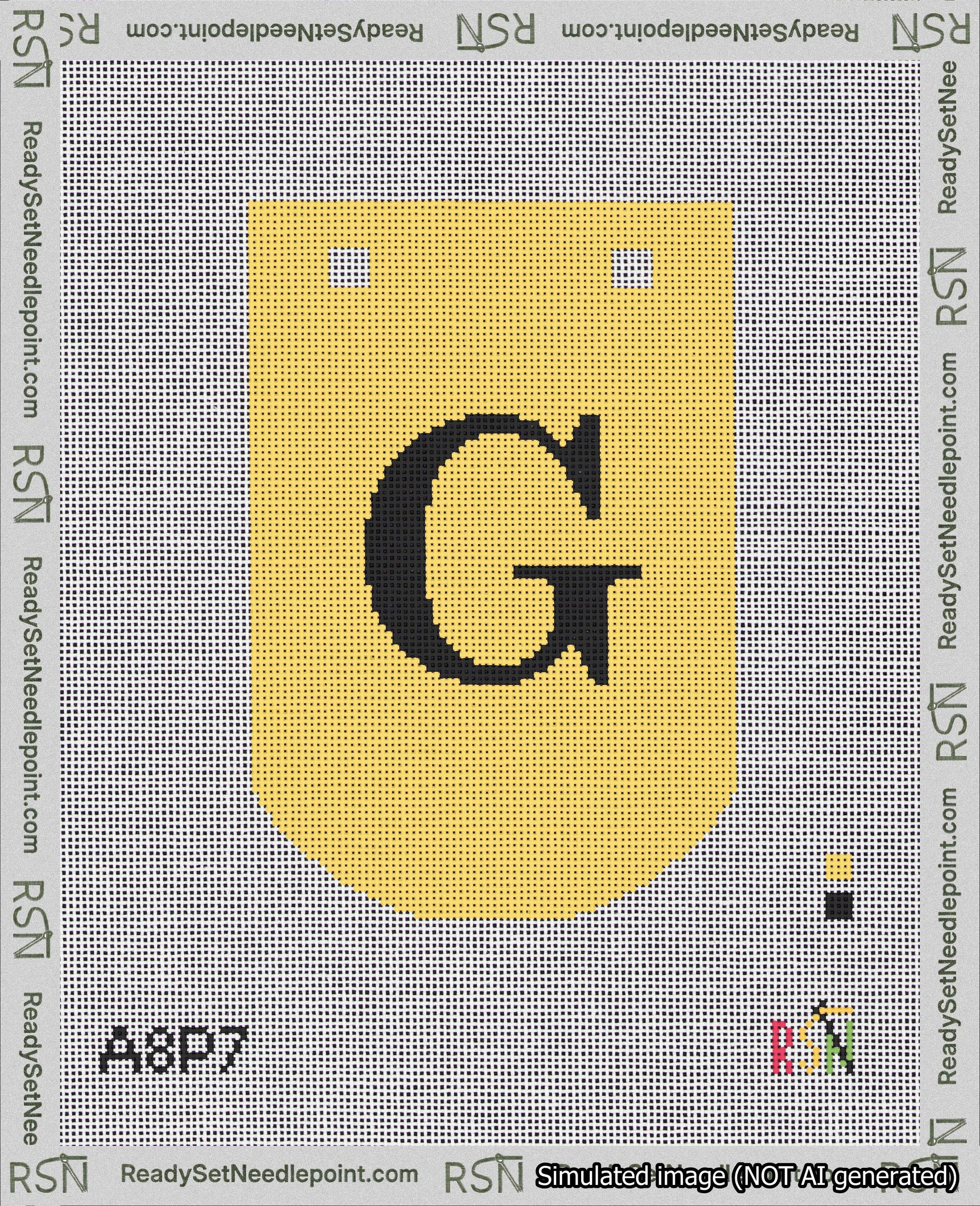 A taped needlepoint canvas with the design: Banner 18 mesh count Curved G Black on Yellow.