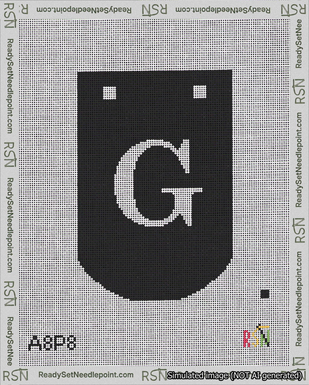 A taped needlepoint canvas with the design: Banner 18 mesh count Curved G White on Black.