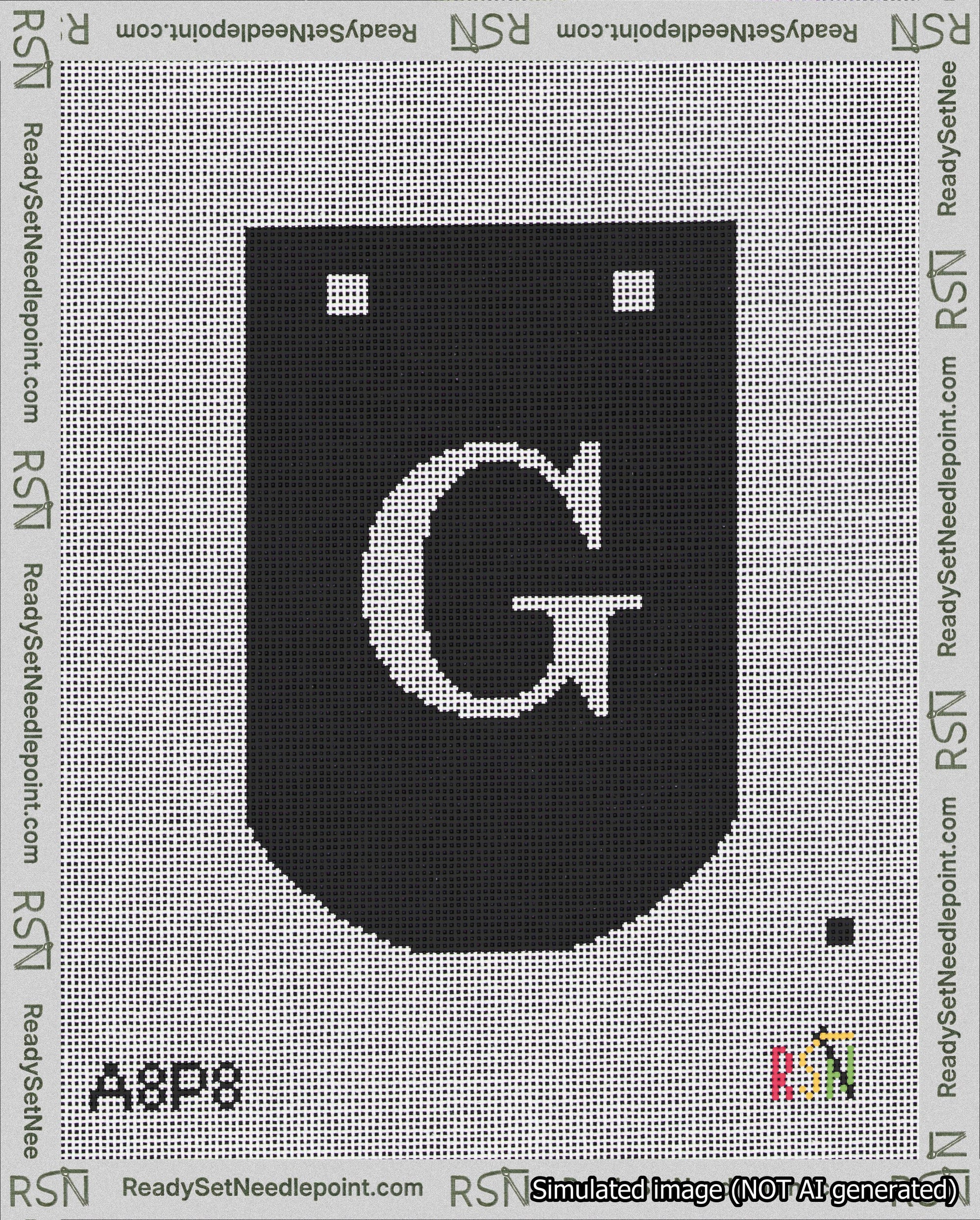 A taped needlepoint canvas with the design: Banner 18 mesh count Curved G White on Black.