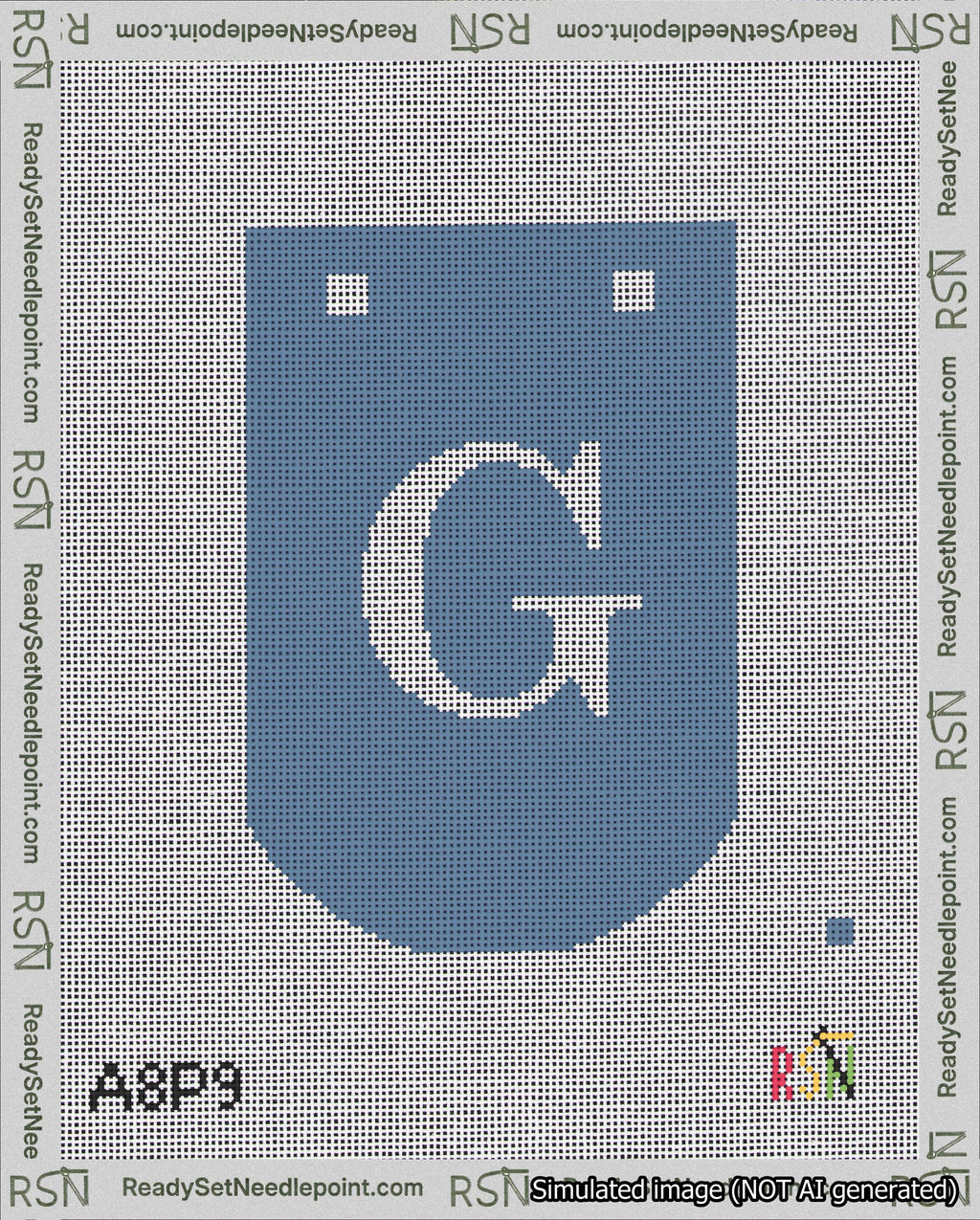A taped needlepoint canvas with the design: Banner 18 mesh count Curved G White on Blue.