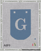 A taped needlepoint canvas with the design: Banner 18 mesh count Curved G White on Blue.