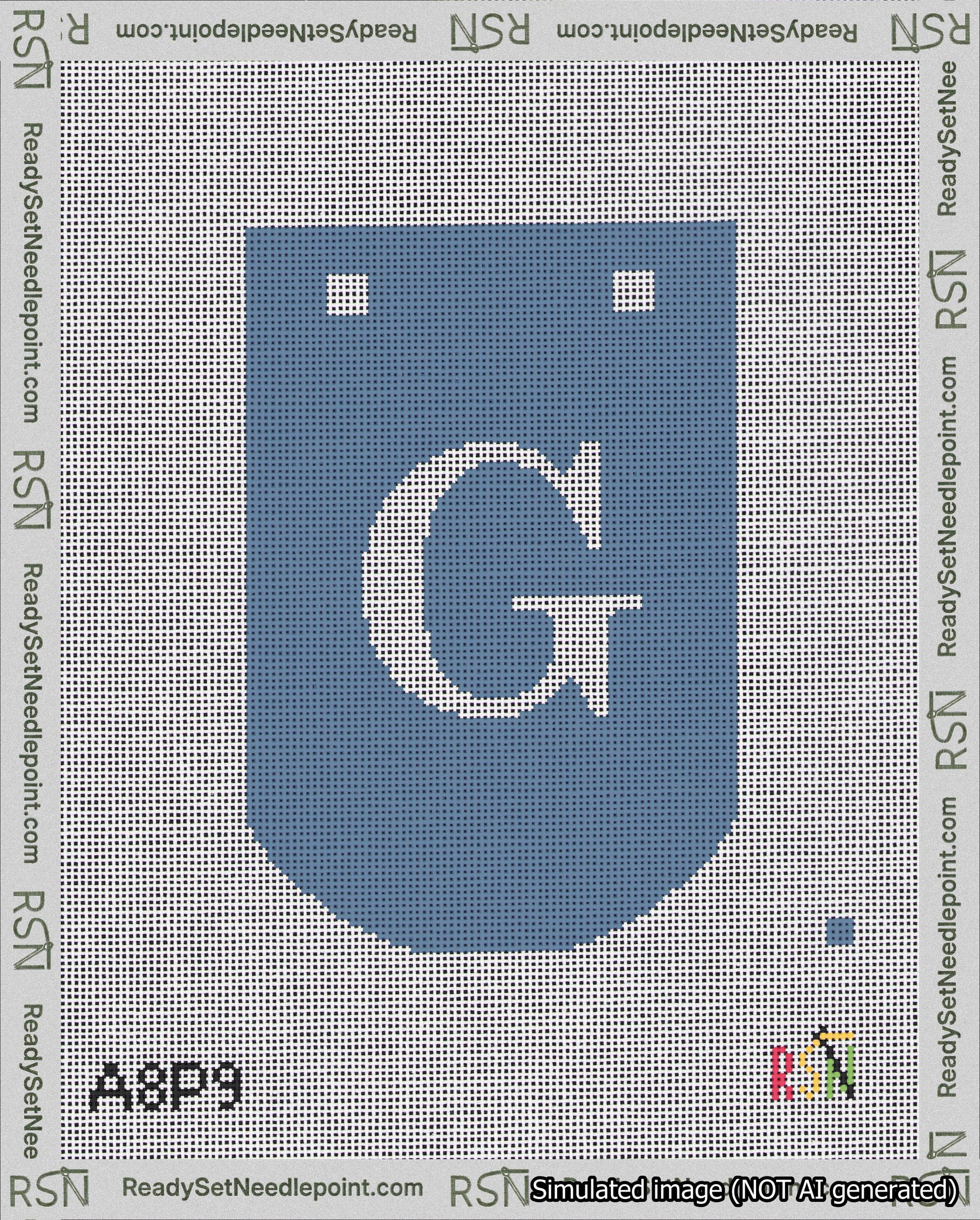 A taped needlepoint canvas with the design: Banner 18 mesh count Curved G White on Blue.