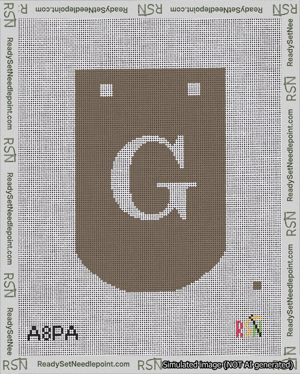 A taped needlepoint canvas with the design: Banner 18 mesh count Curved G White on Brown.