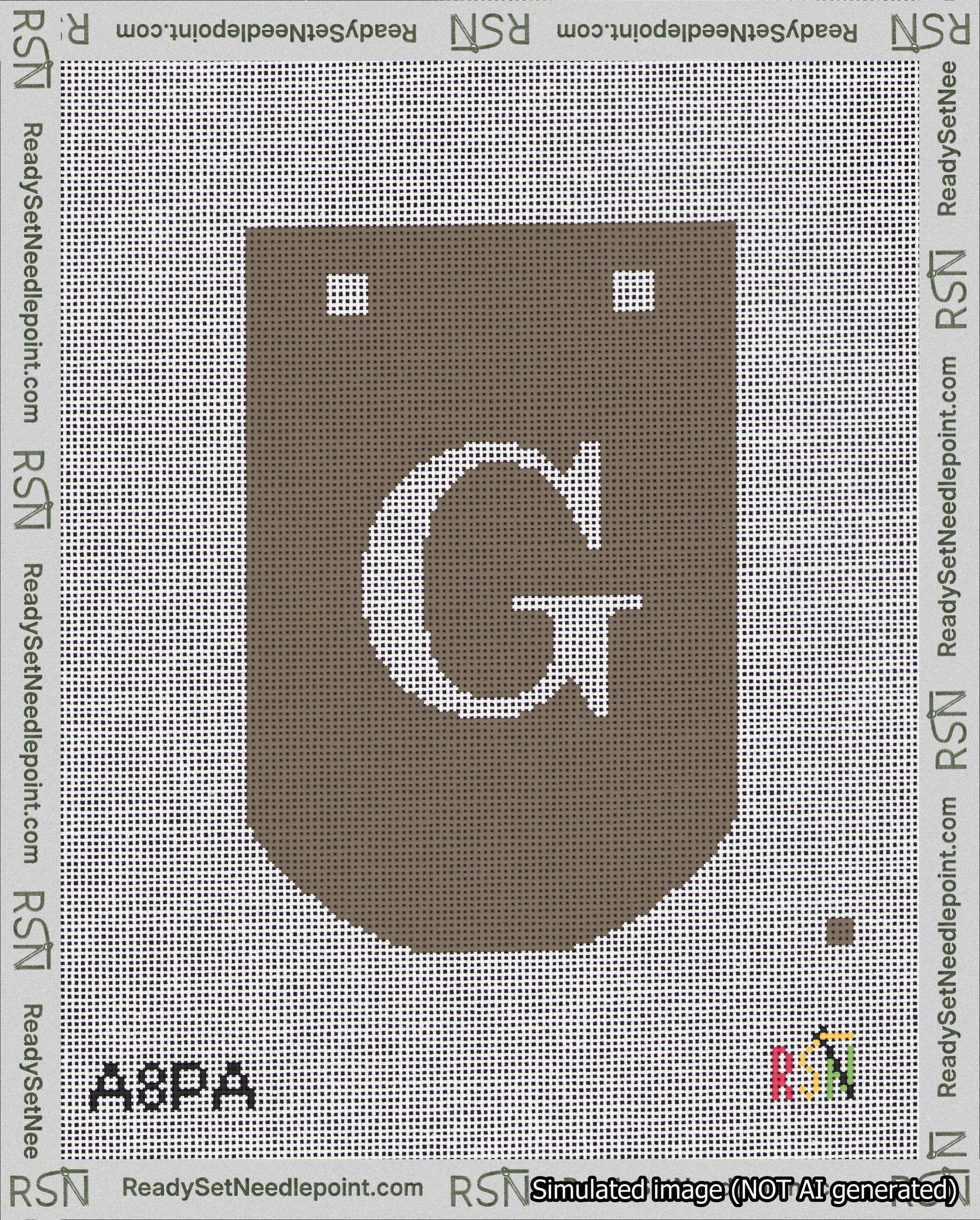 A taped needlepoint canvas with the design: Banner 18 mesh count Curved G White on Brown.