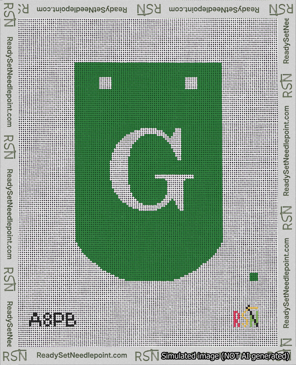A taped needlepoint canvas with the design: Banner 18 mesh count Curved G White on Green.
