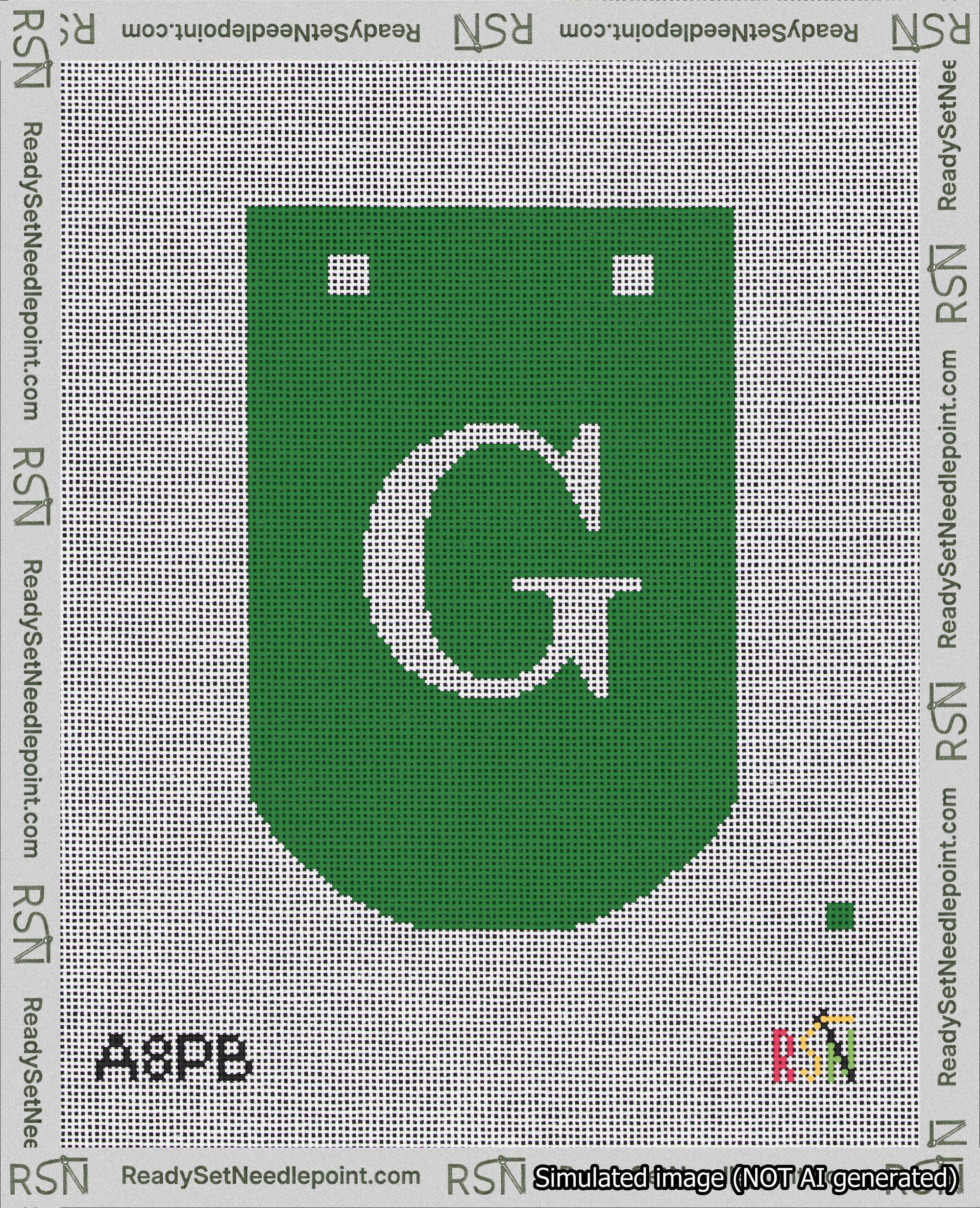 A taped needlepoint canvas with the design: Banner 18 mesh count Curved G White on Green.