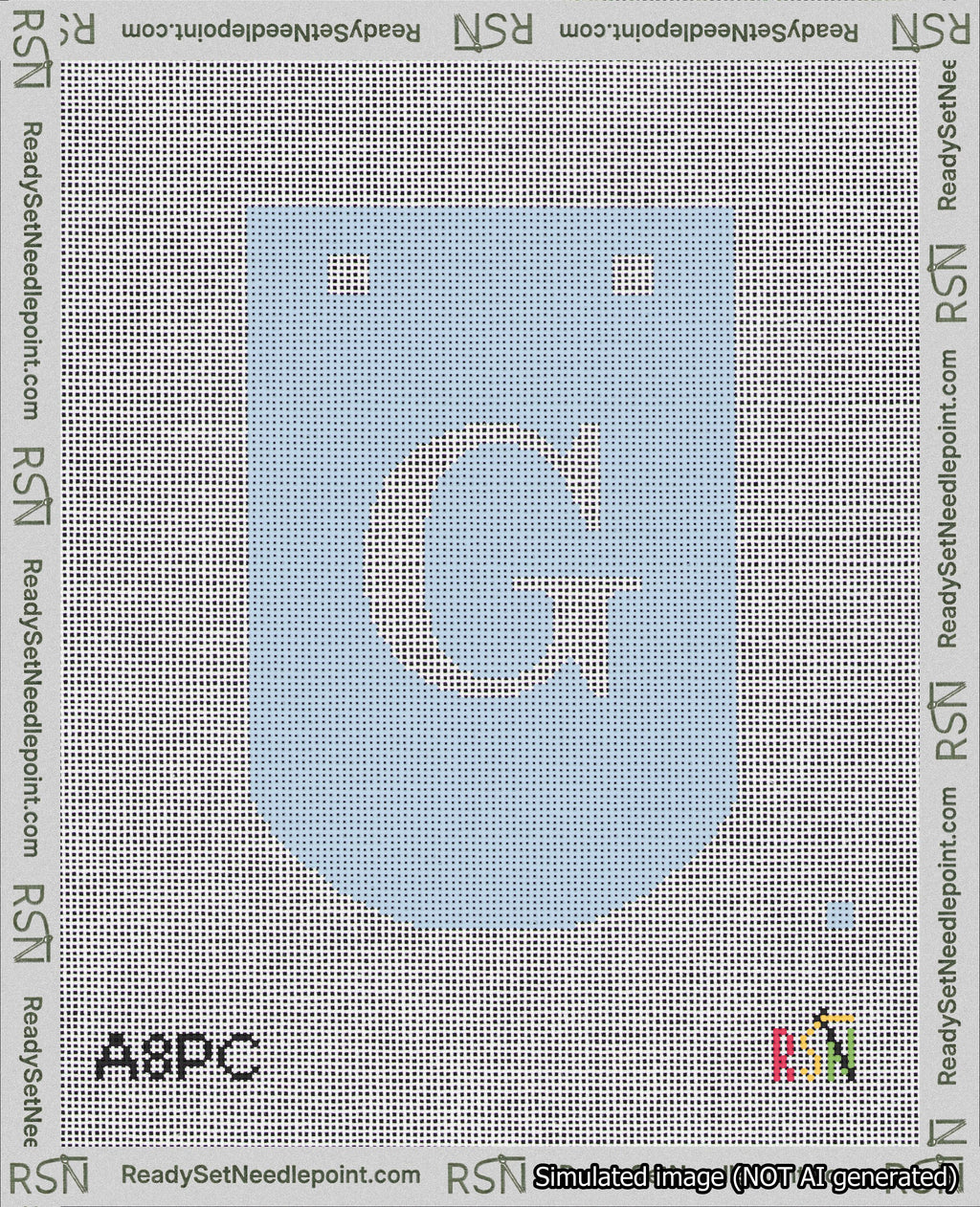 A taped needlepoint canvas with the design: Banner 18 mesh count Curved G White on Light Blue.