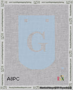 A taped needlepoint canvas with the design: Banner 18 mesh count Curved G White on Light Blue.