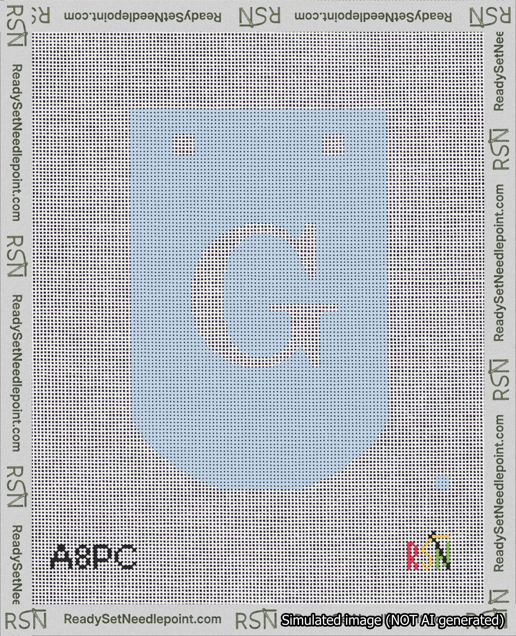 A taped needlepoint canvas with the design: Banner 18 mesh count Curved G White on Light Blue.