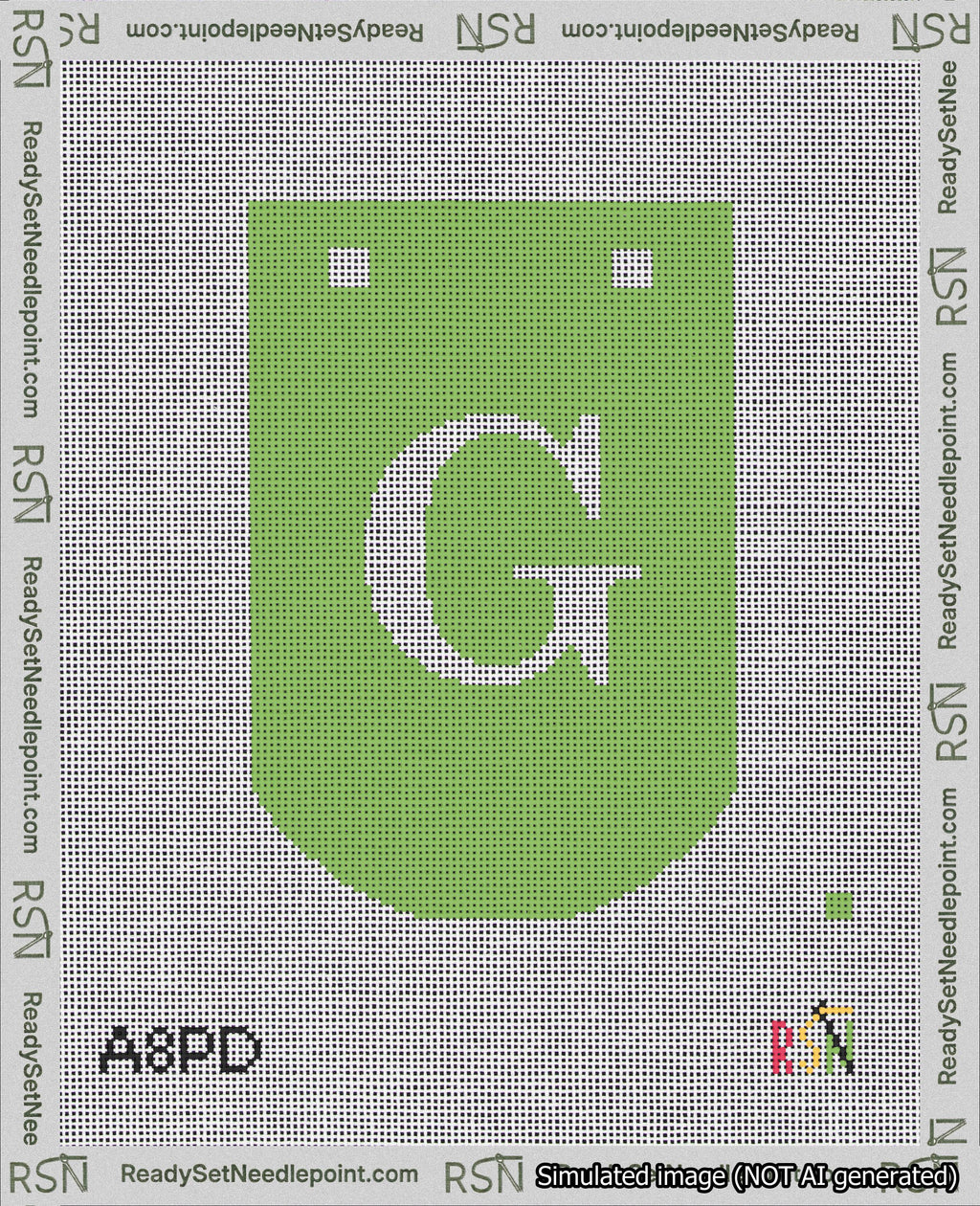 A taped needlepoint canvas with the design: Banner 18 mesh count Curved G White on Light Green.