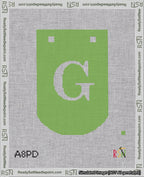 A taped needlepoint canvas with the design: Banner 18 mesh count Curved G White on Light Green.