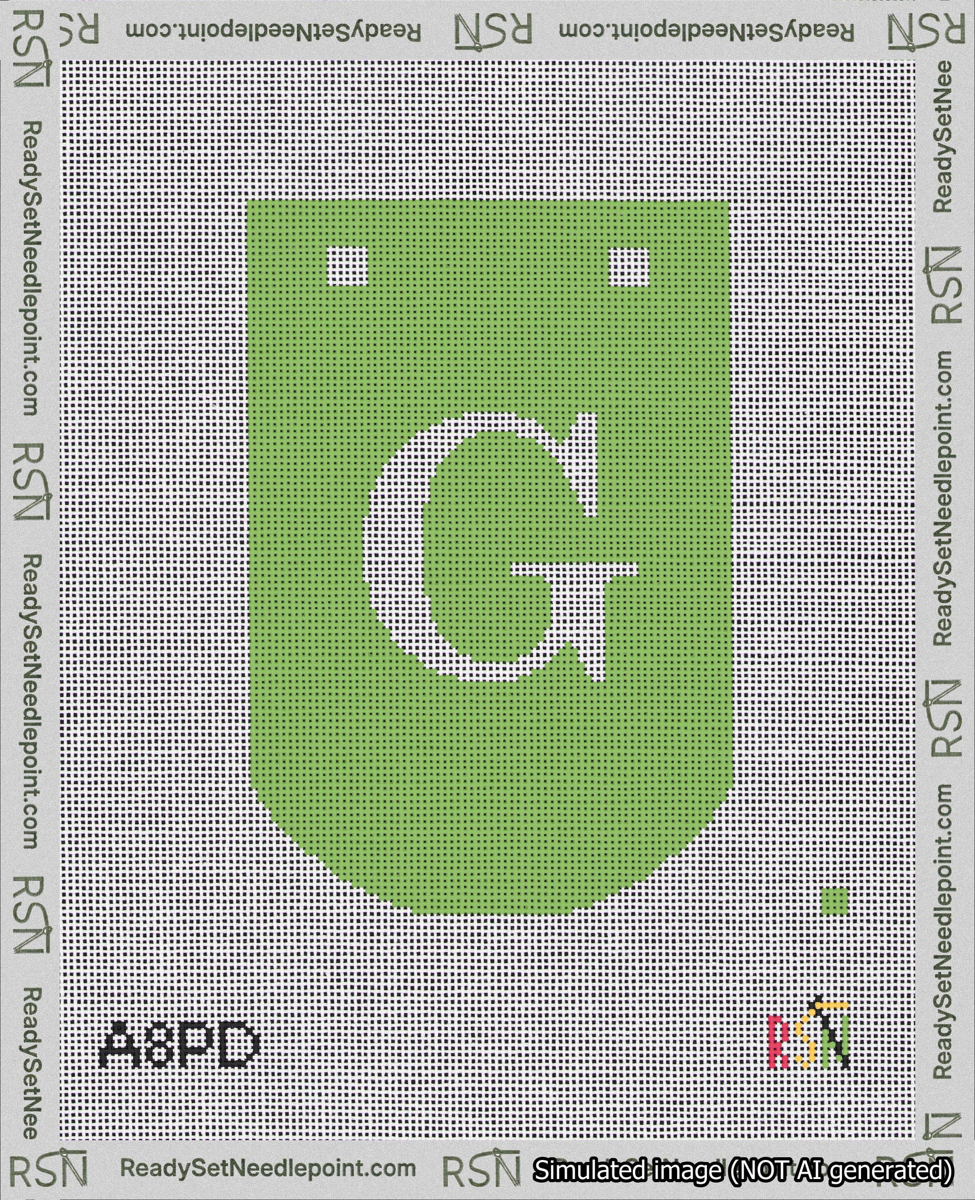 A taped needlepoint canvas with the design: Banner 18 mesh count Curved G White on Light Green.