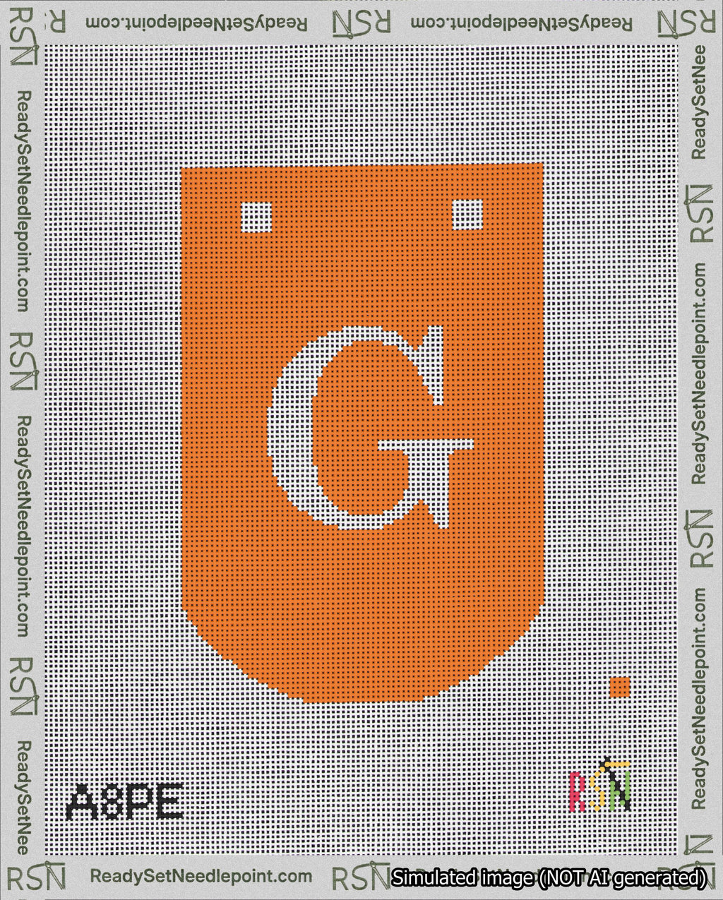 A taped needlepoint canvas with the design: Banner 18 mesh count Curved G White on Orange.