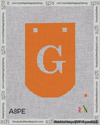 A taped needlepoint canvas with the design: Banner 18 mesh count Curved G White on Orange.