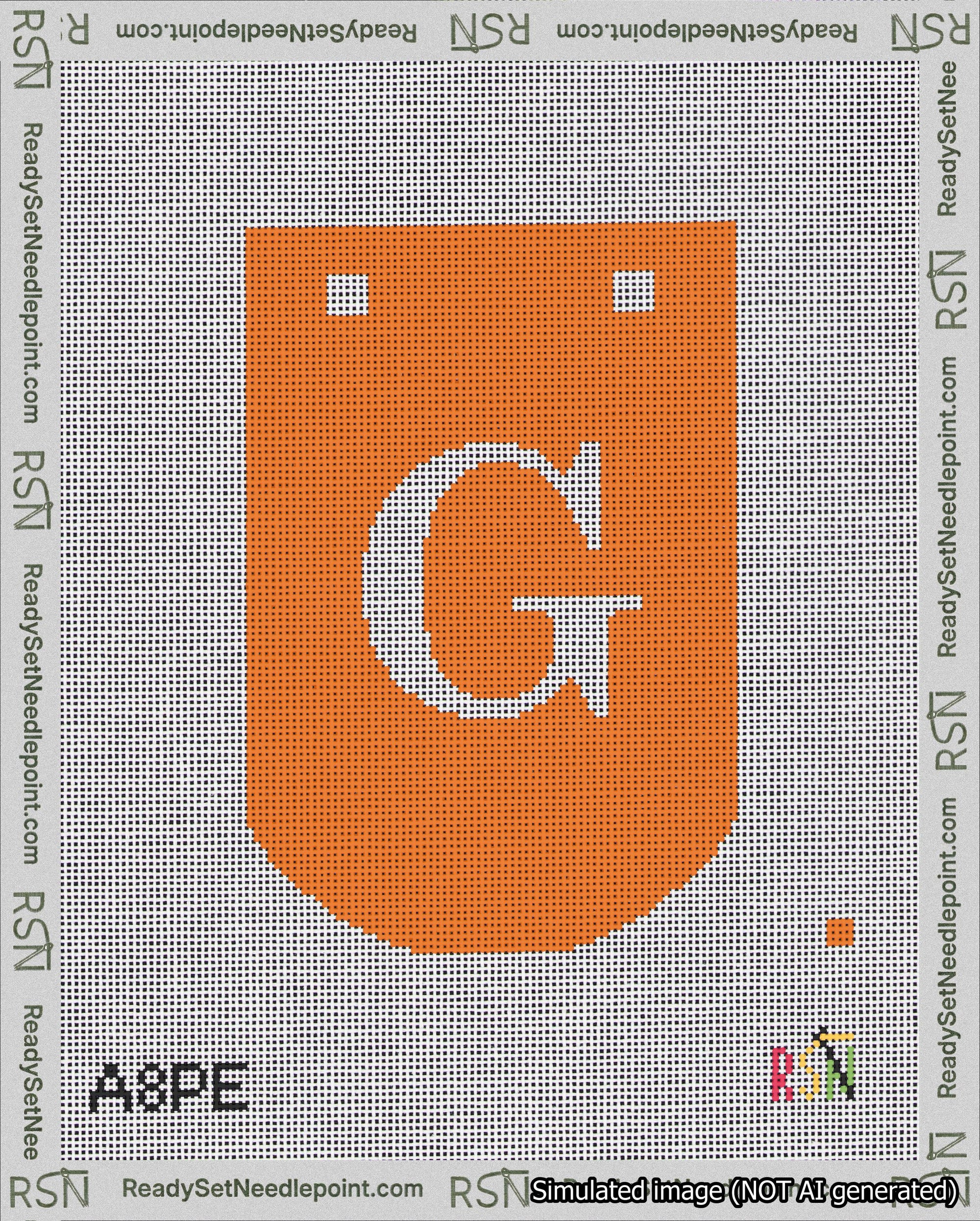 A taped needlepoint canvas with the design: Banner 18 mesh count Curved G White on Orange.