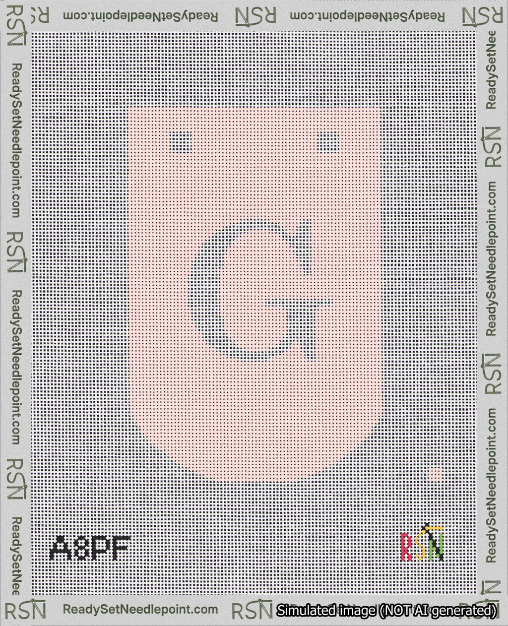 A taped needlepoint canvas with the design: Banner 18 mesh count Curved G White on Pink.