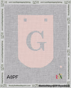 A taped needlepoint canvas with the design: Banner 18 mesh count Curved G White on Pink.
