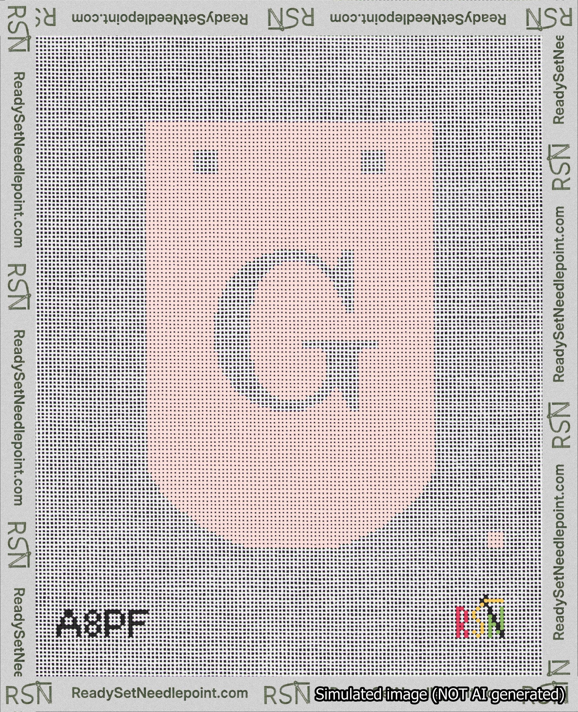 A taped needlepoint canvas with the design: Banner 18 mesh count Curved G White on Pink.
