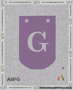 A taped needlepoint canvas with the design: Banner 18 mesh count Curved G White on Purple.