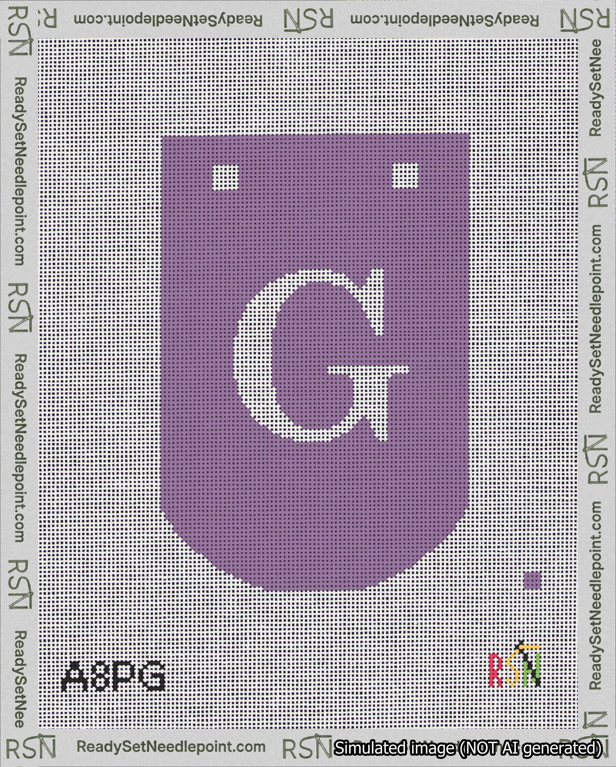 A taped needlepoint canvas with the design: Banner 18 mesh count Curved G White on Purple.