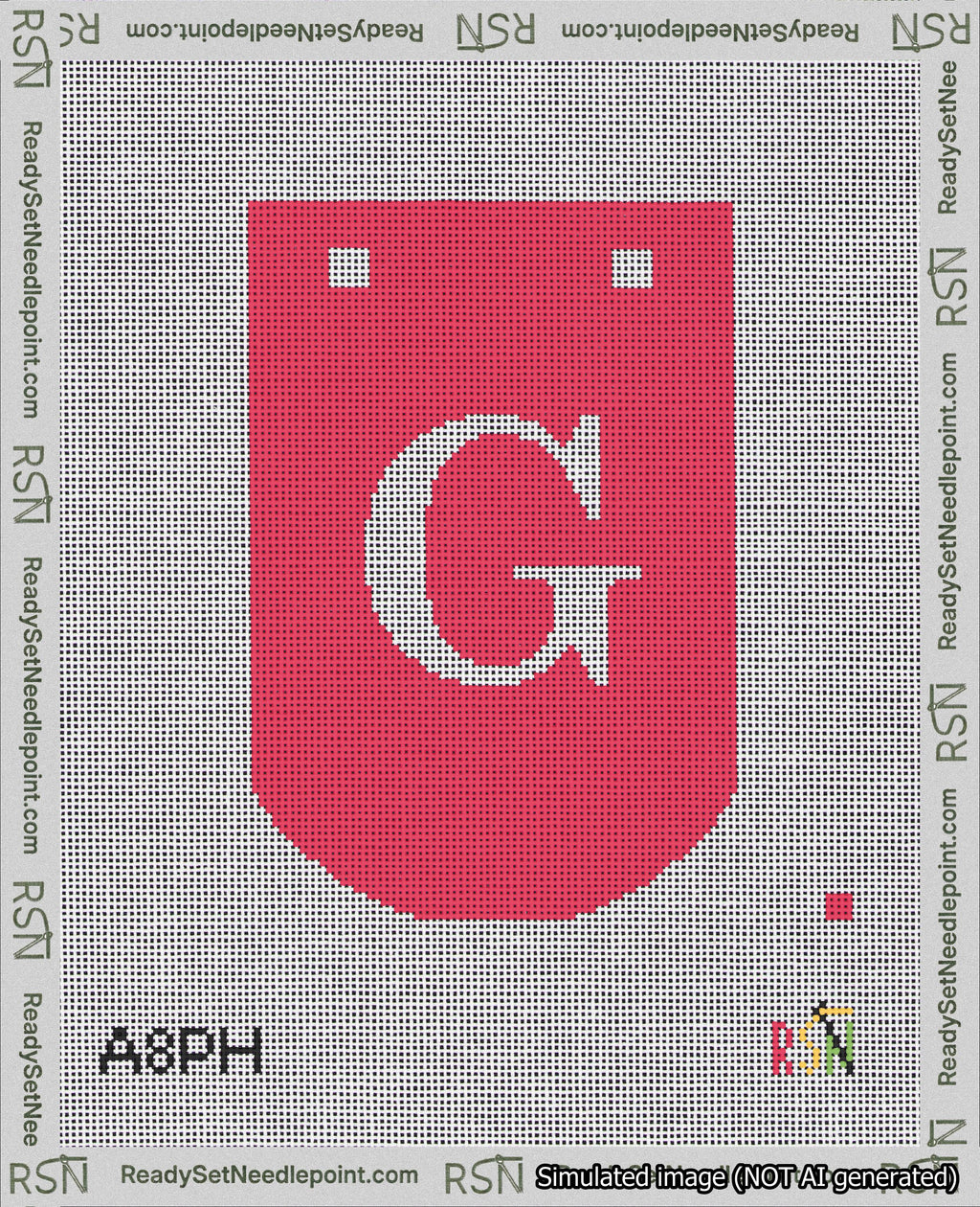A taped needlepoint canvas with the design: Banner 18 mesh count Curved G White on Red.