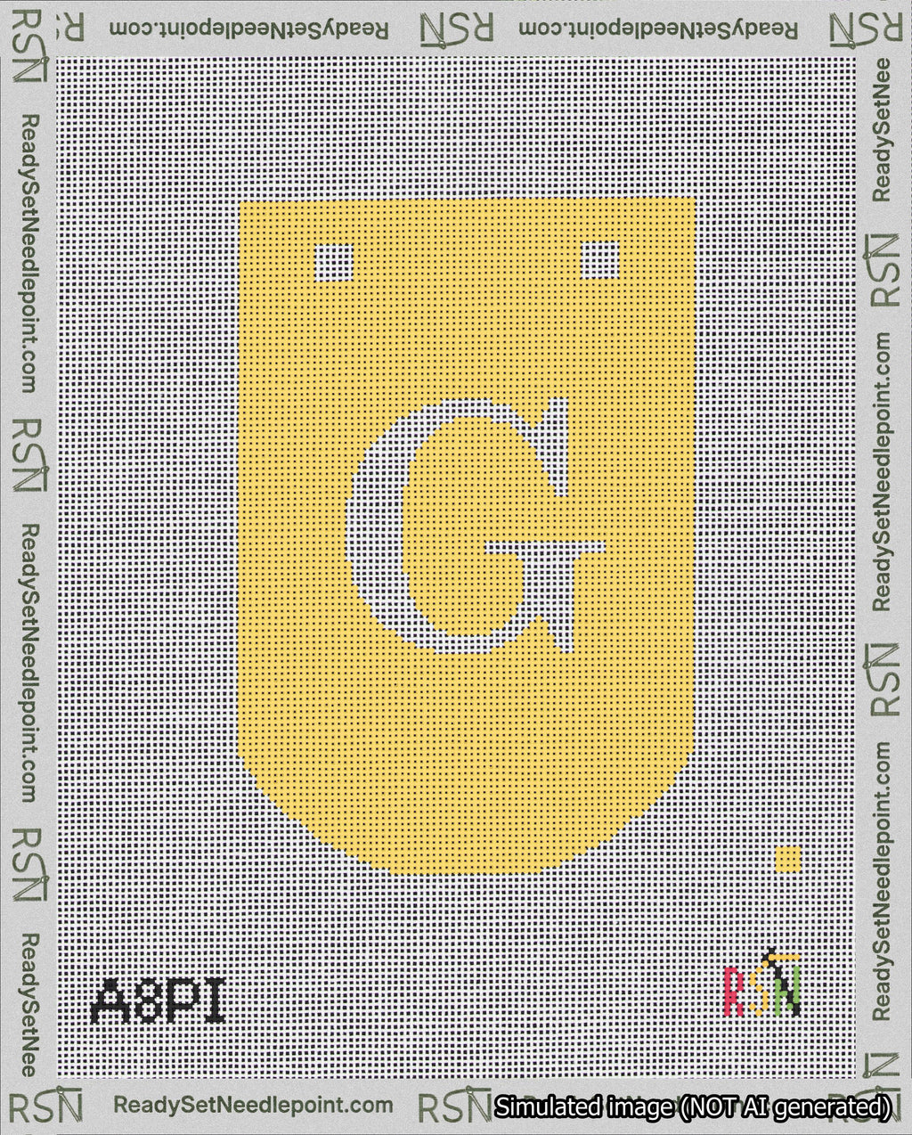 A taped needlepoint canvas with the design: Banner 18 mesh count Curved G White on Yellow.