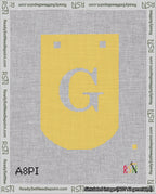 A taped needlepoint canvas with the design: Banner 18 mesh count Curved G White on Yellow.