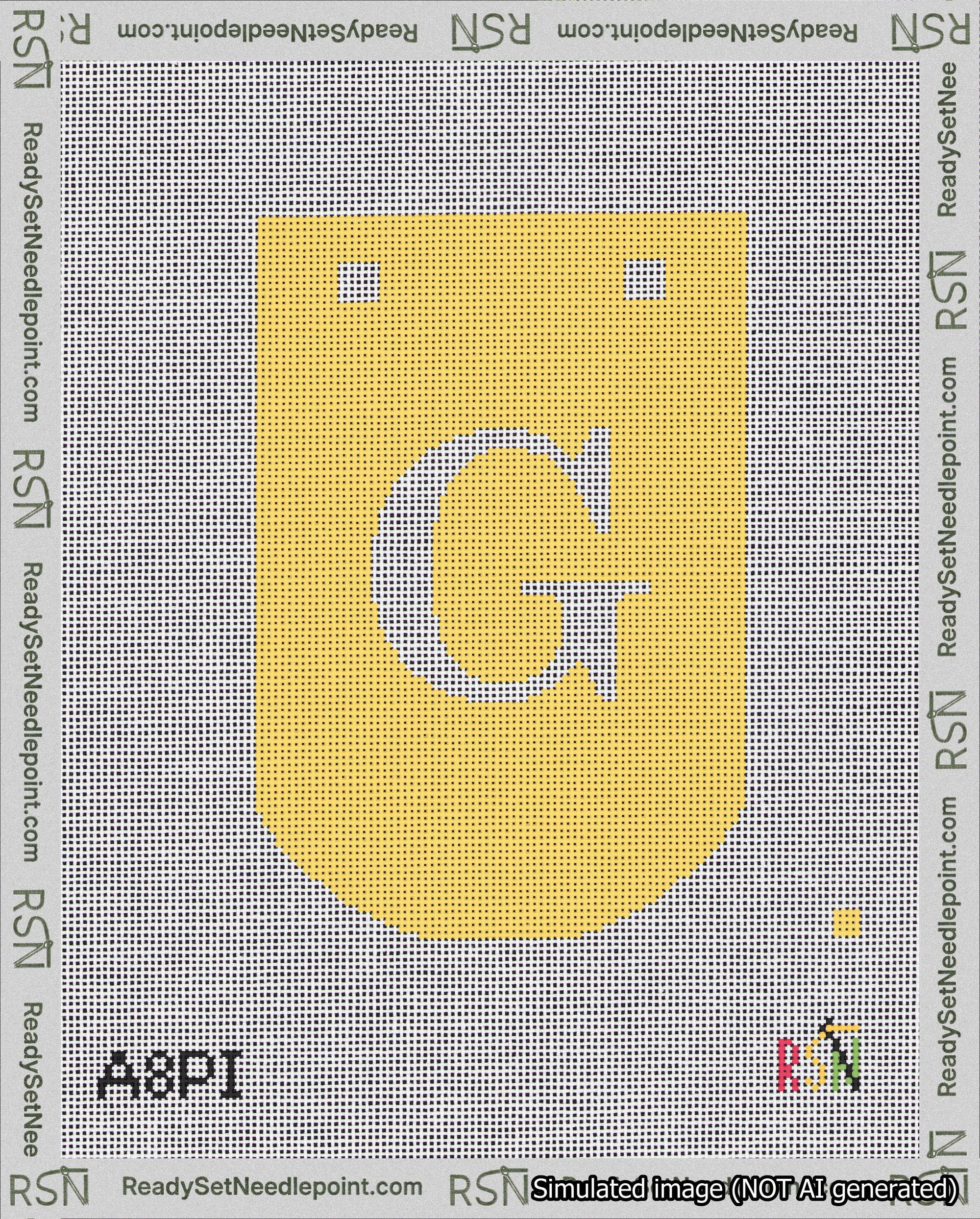 A taped needlepoint canvas with the design: Banner 18 mesh count Curved G White on Yellow.