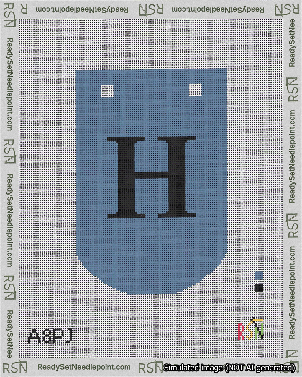 A taped needlepoint canvas with the design: Banner 18 mesh count Curved H Black on Blue.