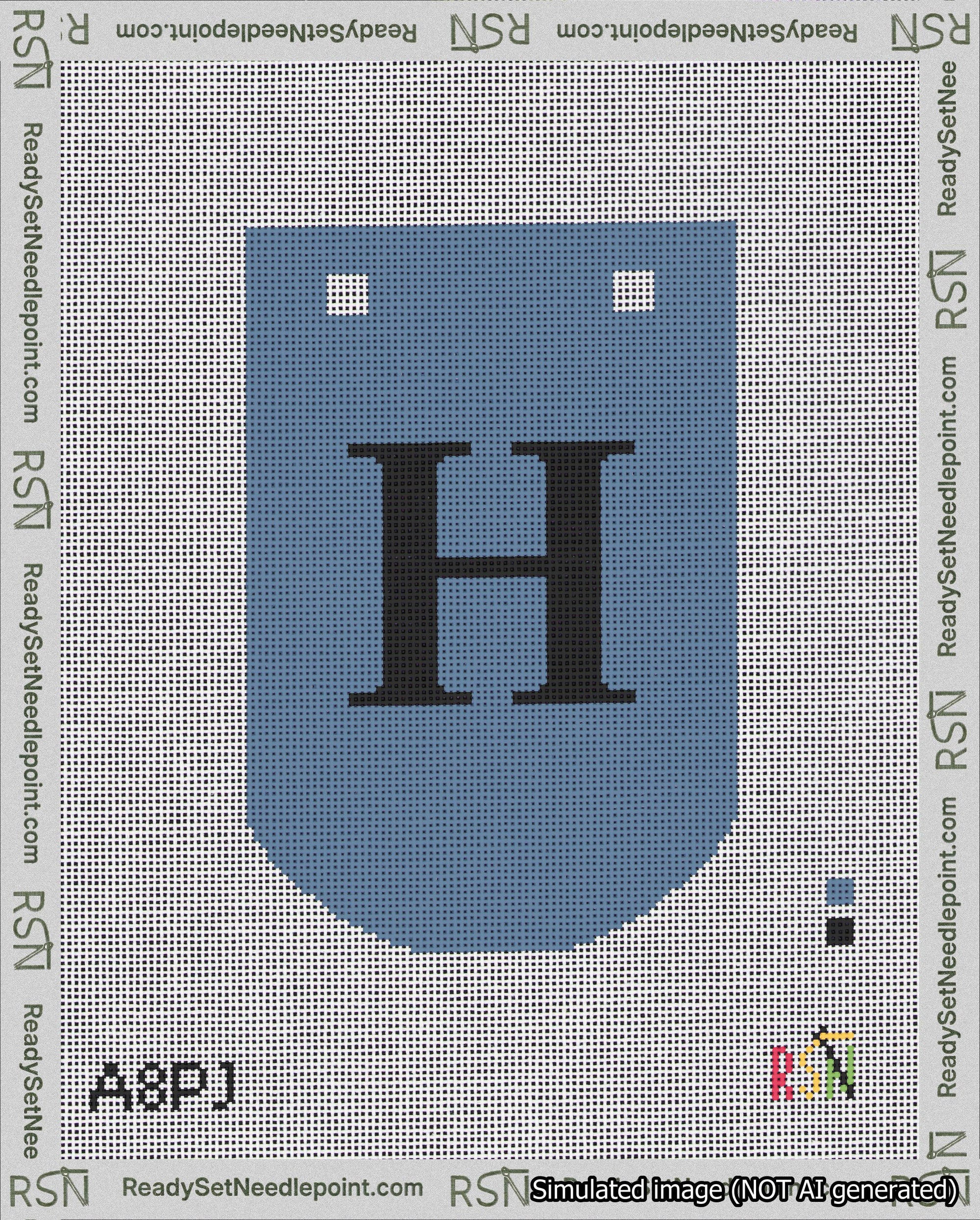 A taped needlepoint canvas with the design: Banner 18 mesh count Curved H Black on Blue.