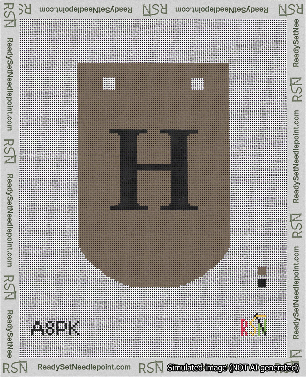 A taped needlepoint canvas with the design: Banner 18 mesh count Curved H Black on Brown.