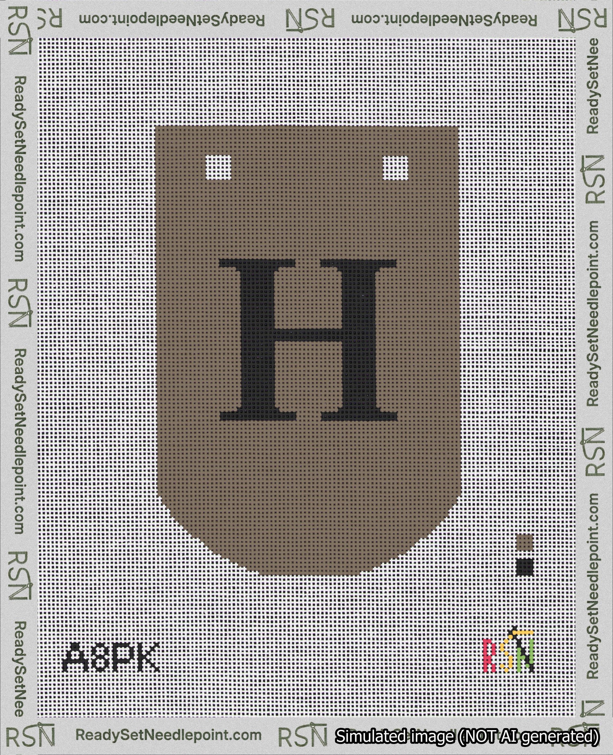 A taped needlepoint canvas with the design: Banner 18 mesh count Curved H Black on Brown.