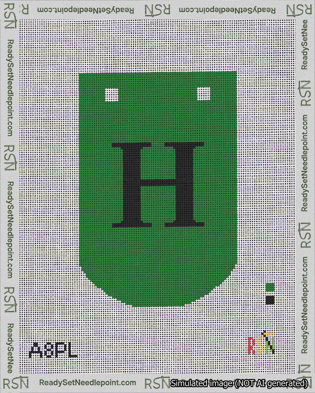 A taped needlepoint canvas with the design: Banner 18 mesh count Curved H Black on Green.