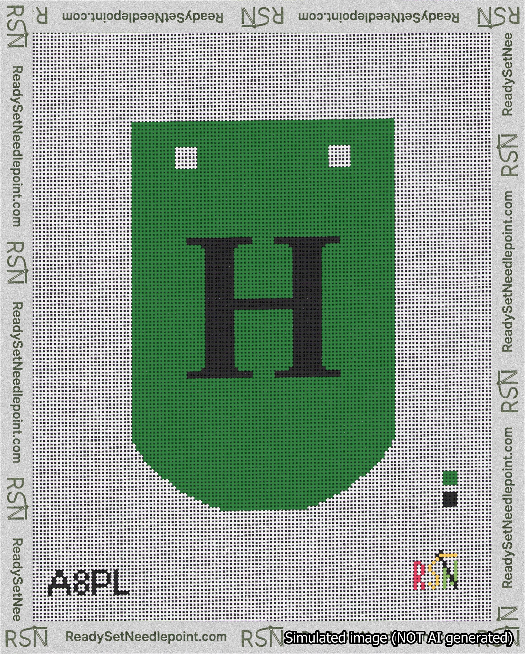 A taped needlepoint canvas with the design: Banner 18 mesh count Curved H Black on Green.