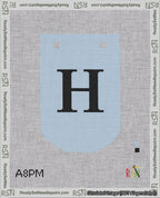A taped needlepoint canvas with the design: Banner 18 mesh count Curved H Black on Light Blue.