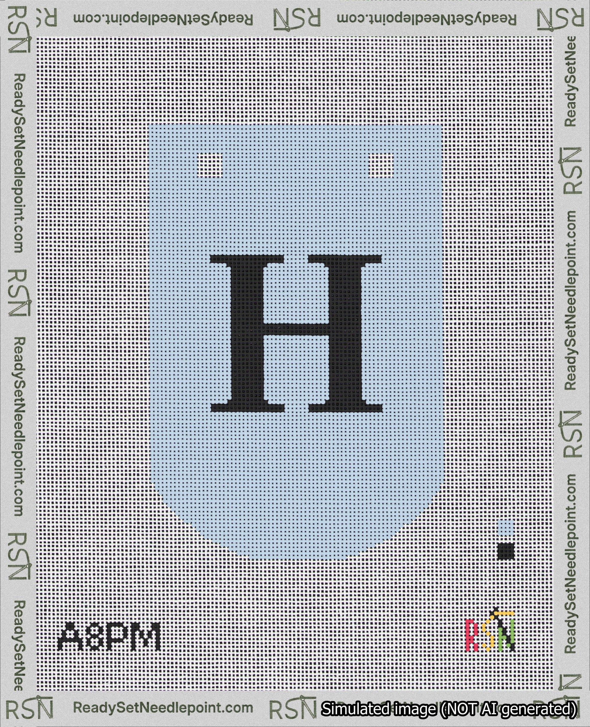 A taped needlepoint canvas with the design: Banner 18 mesh count Curved H Black on Light Blue.