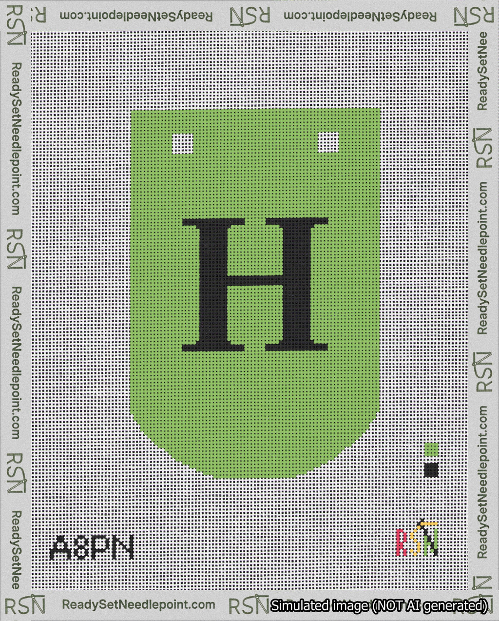 A taped needlepoint canvas with the design: Banner 18 mesh count Curved H Black on Light Green.