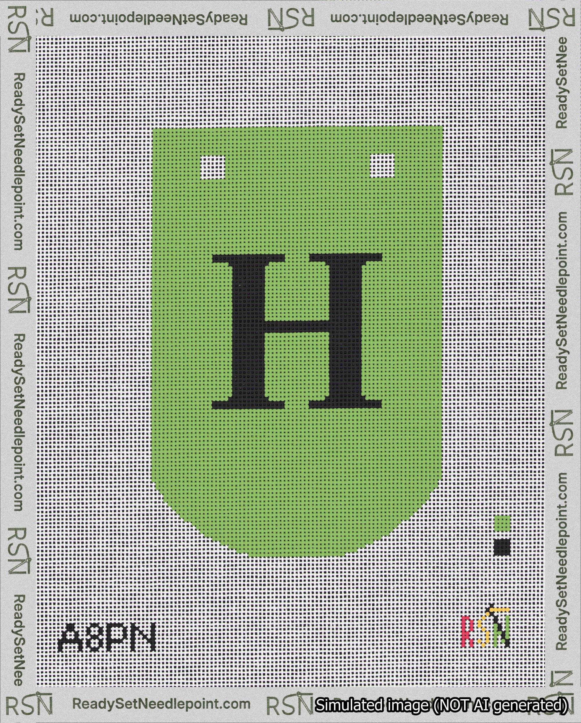 A taped needlepoint canvas with the design: Banner 18 mesh count Curved H Black on Light Green.