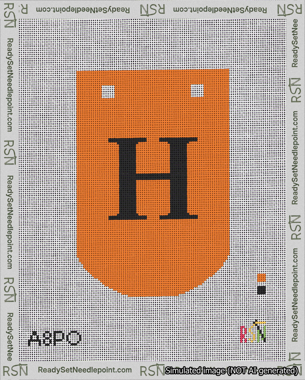 A taped needlepoint canvas with the design: Banner 18 mesh count Curved H Black on Orange.